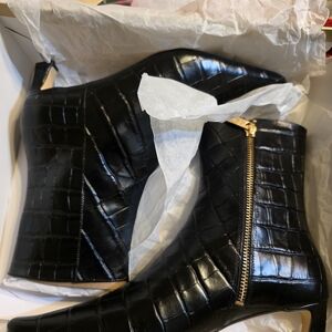 Michael Kors Black Croc-Embossed Ankle Boots with Gold Zipper